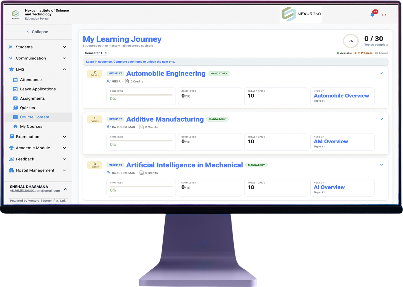 Nexus360 learning journey on a desktop monitor