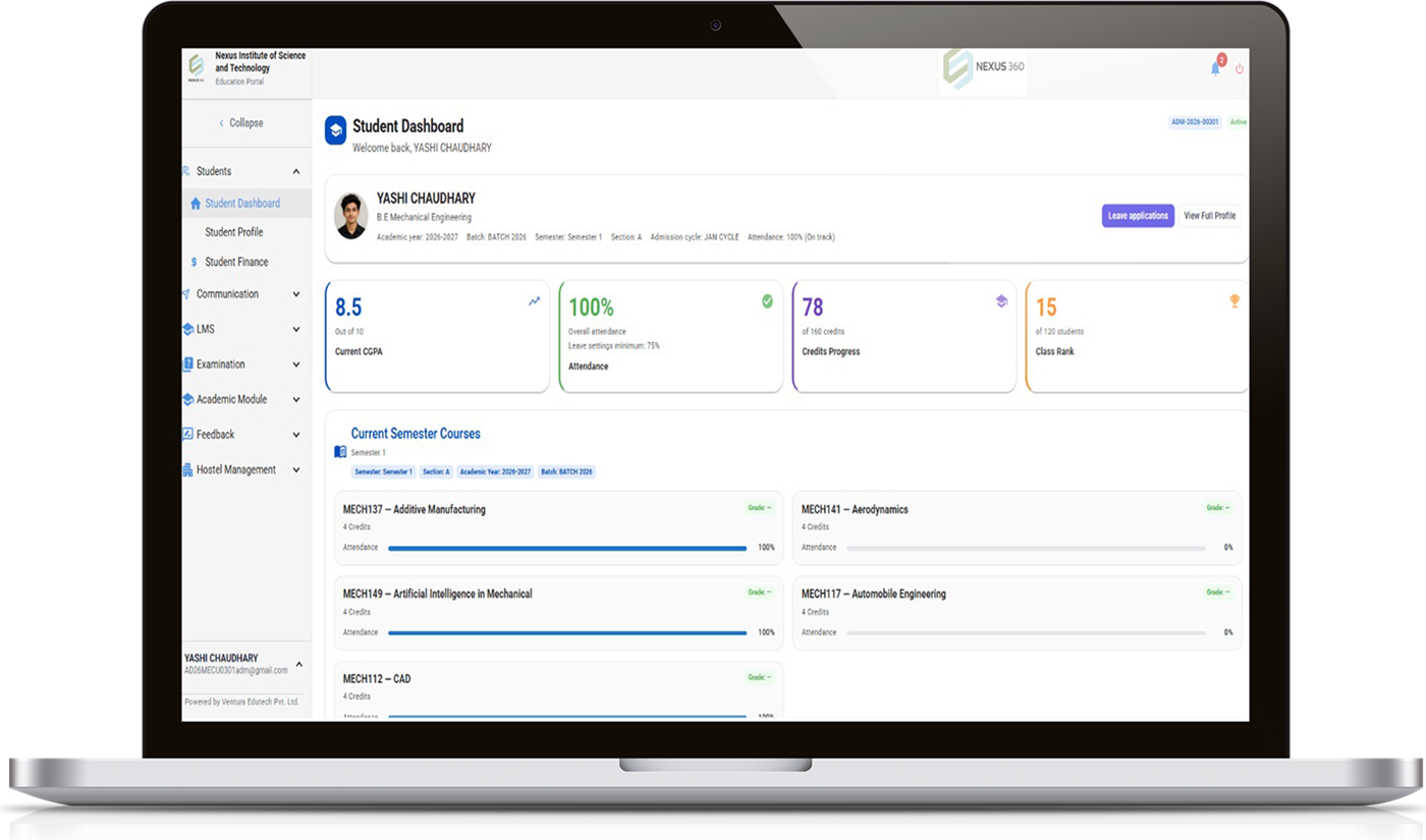 Nexus360 student dashboard on a laptop